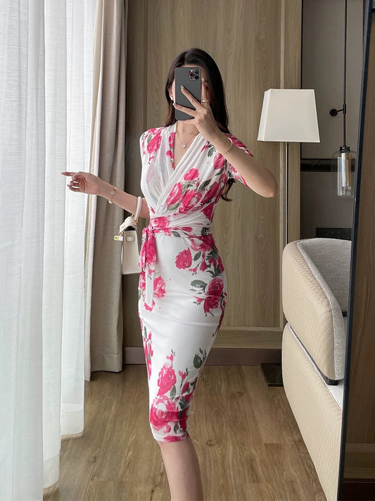 White printed slim dress summer new style noble light mature style V-neck strap waist bag hip mid-length skirt for women