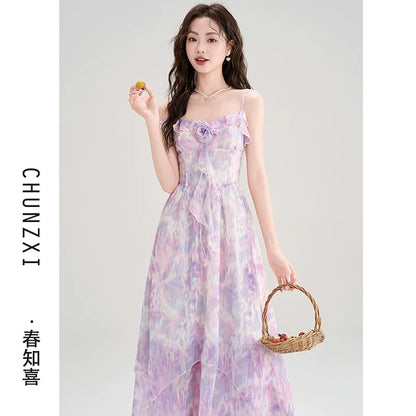 Chun Zhixi summer beautiful tie-dyed floral dress female summer new seaside holiday style beautiful suspender long dress