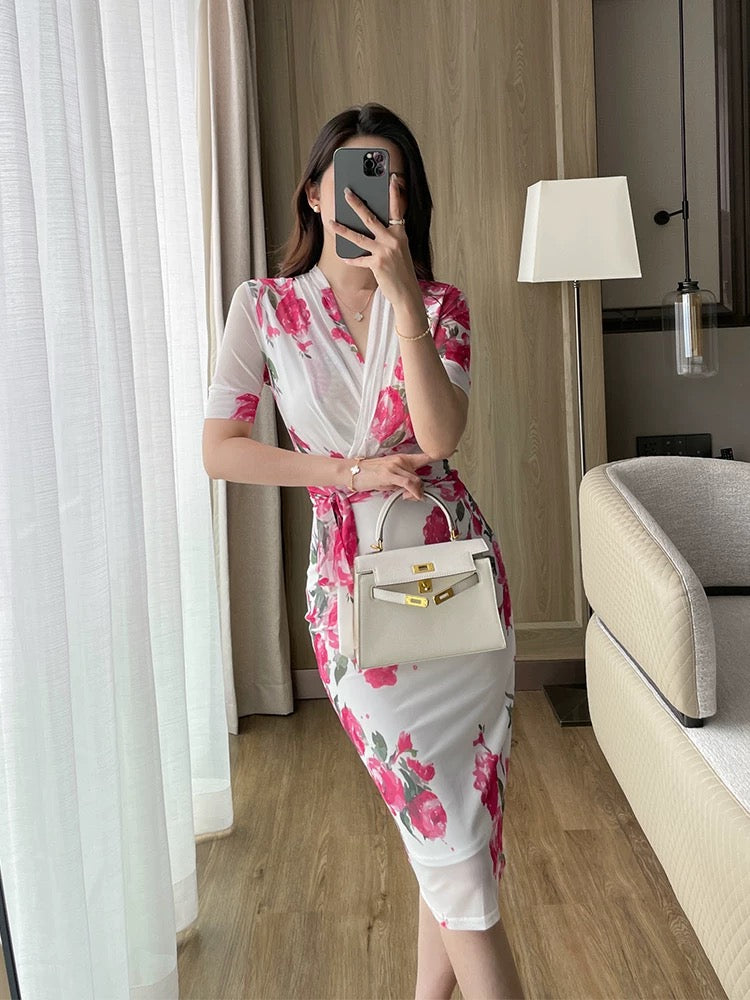 White printed slim dress summer new style noble light mature style V-neck strap waist bag hip mid-length skirt for women