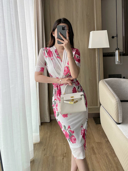 White printed slim dress summer new style noble light mature style V-neck strap waist bag hip mid-length skirt for women