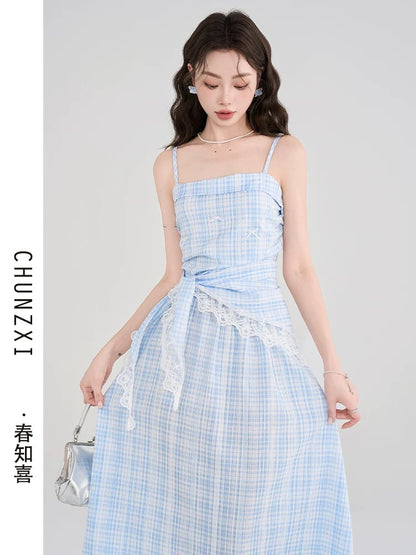 Chun Zhixi Pastoral Style Pure Waist Check Suspender Dress Women's Summer New Sweet Skirt Waist Long Skirt