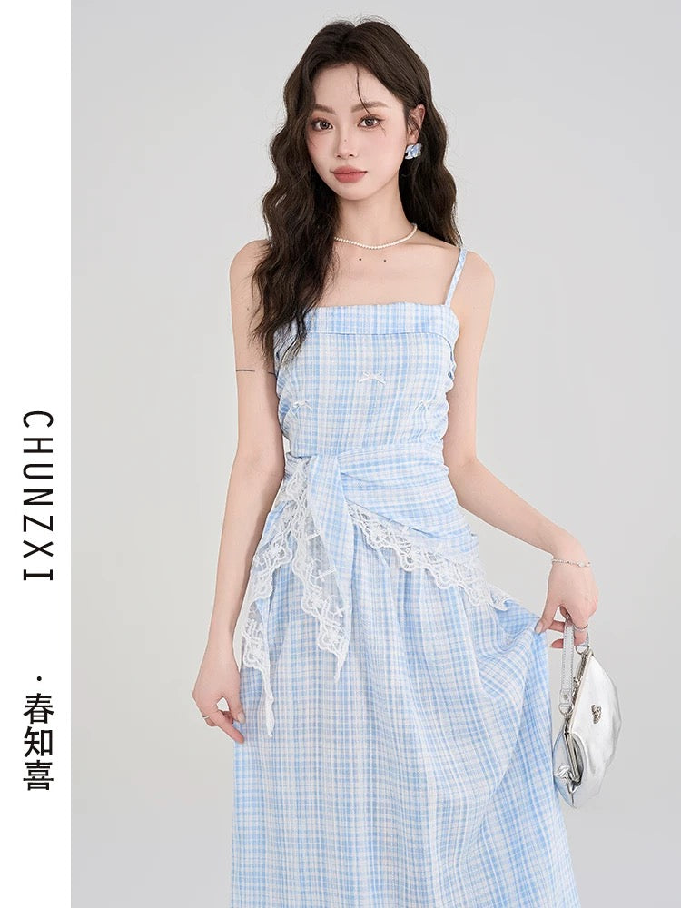 Chun Zhixi Pastoral Style Pure Waist Check Suspender Dress Women's Summer New Sweet Skirt Waist Long Skirt