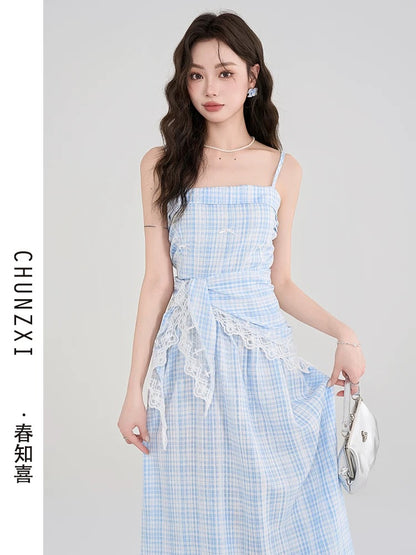Chun Zhixi Pastoral Style Pure Waist Check Suspender Dress Women's Summer New Sweet Skirt Waist Long Skirt