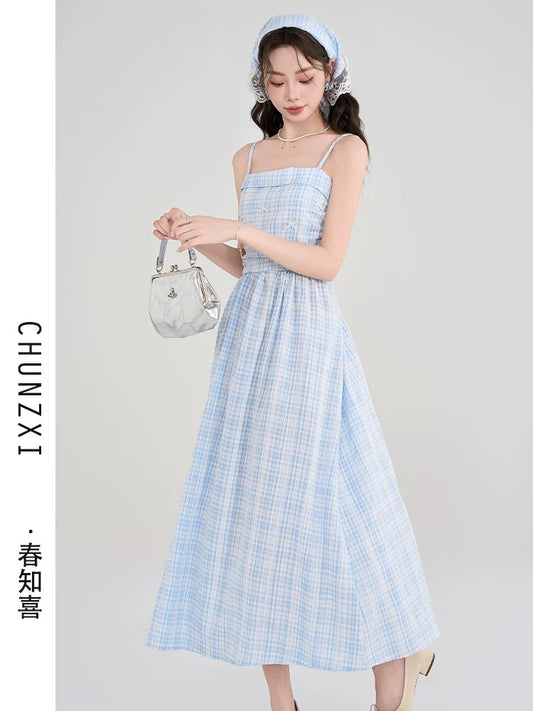 Chun Zhixi Pastoral Style Pure Waist Check Suspender Dress Women's Summer New Sweet Skirt Waist Long Skirt