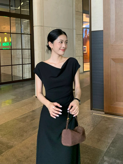 IAMJAM "Elegant Black Dress" 2026 Summer New Mid-Length Slimming A-line Waist-cinching Dress for Women