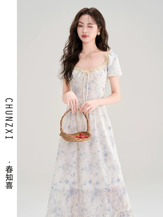 Spring Zhixi tea break French style very beautiful floral dress female summer new waist slimming gentle style long dress