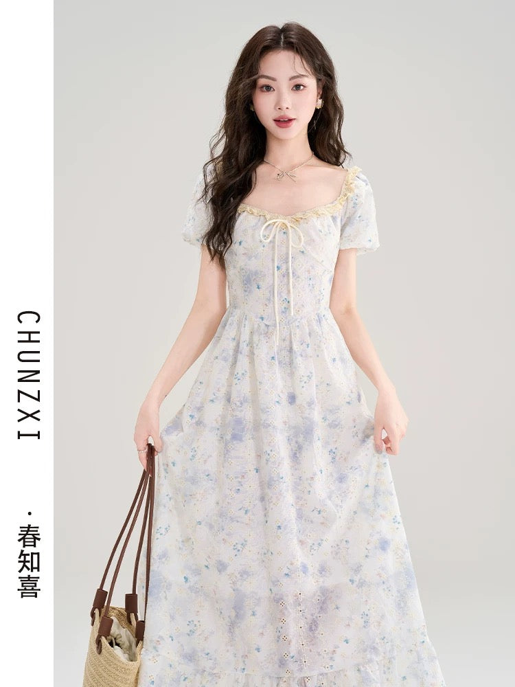 Spring Zhixi tea break French style very beautiful floral dress female summer new waist slimming gentle style long dress