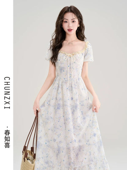 Spring Zhixi tea break French style very beautiful floral dress female summer new waist slimming gentle style long dress