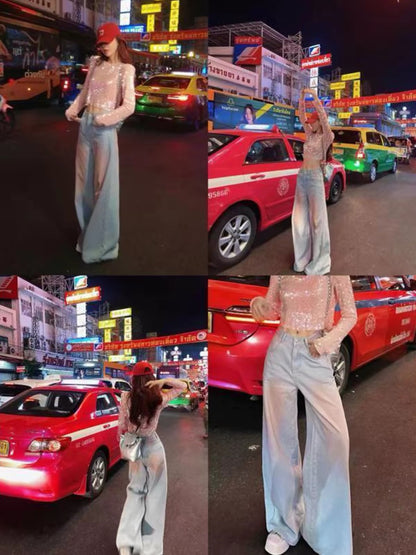 Li Wanjun "Xiangjia" Style Women's Casual Trousers: High-Waisted, Drapey, Straight-Leg Gradient Wide-Leg Pants—Korean-Style Slimming Floor-Length Trousers.