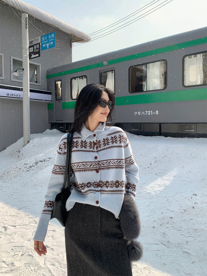 IAMJAM Wool Snowflake Fair Isle Textured Knit Sweater for Women, Autumn/Winter, Blue Atmosphere Style, Slimming Inner Layer Top