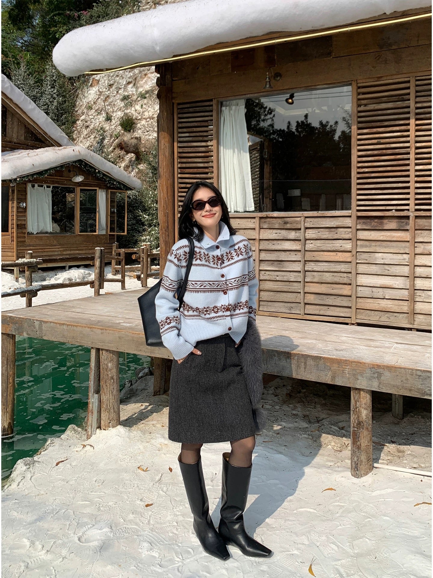 IAMJAM Wool Snowflake Fair Isle Textured Knit Sweater for Women, Autumn/Winter, Blue Atmosphere Style, Slimming Inner Layer Top