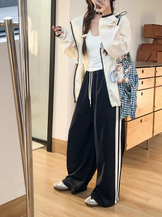 Two-Wear American Wide-Leg Overalls Women Retro Contrast Color Double Bars Summer Loose Casual Sports Pants Trousers