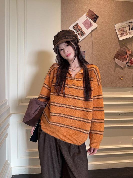 Kumikumi lazy style contrast color striped long-sleeved sweater women's autumn niche lapel loose knit sweater top