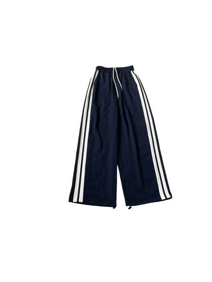 Two-Wear American Wide-Leg Overalls Women Retro Contrast Color Double Bars Summer Loose Casual Sports Pants Trousers