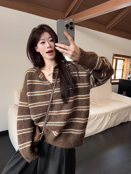 Kumikumi lazy style contrast color striped long-sleeved sweater women's autumn niche lapel loose knit sweater top