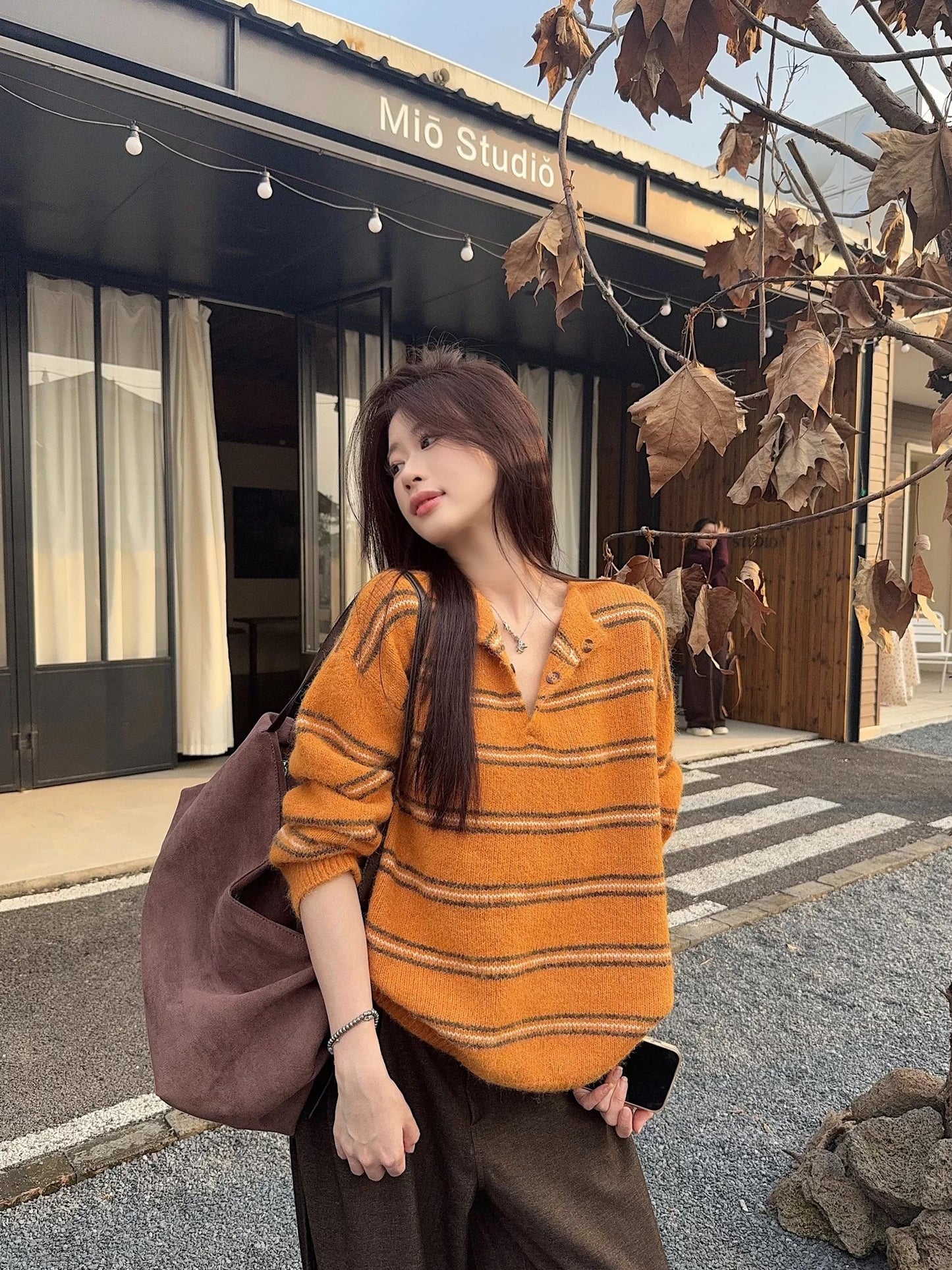 Kumikumi lazy style contrast color striped long-sleeved sweater women's autumn niche lapel loose knit sweater top