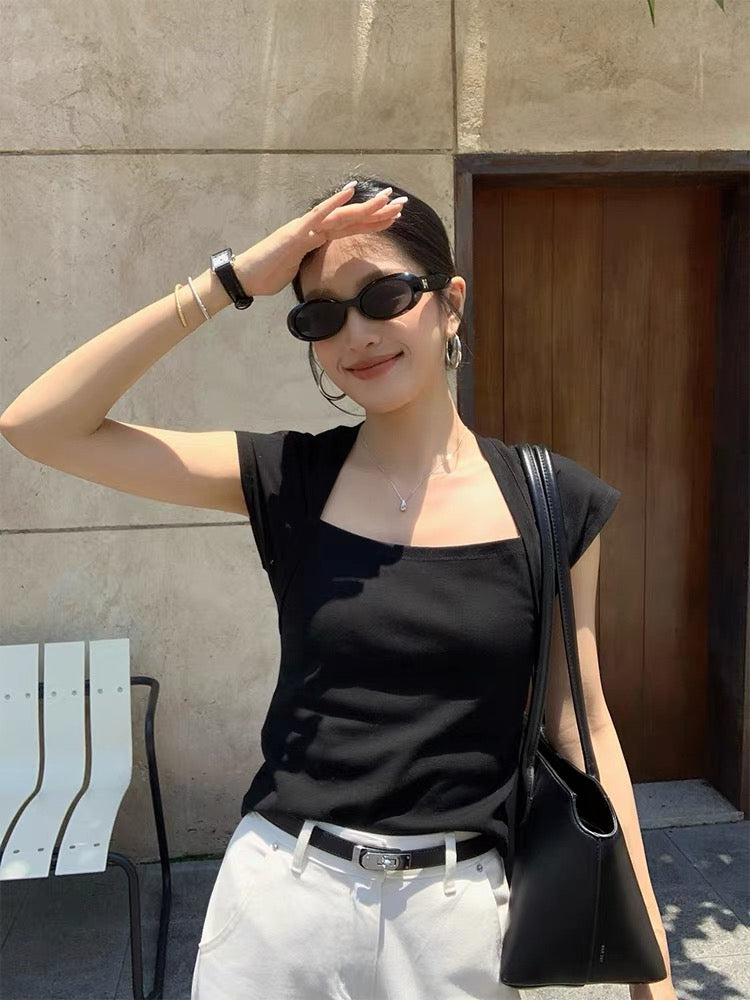 IAMJAM "Versatile Black Square Neck T-Shirt" 2026 Summer New Casual Slimming Short Knit Top