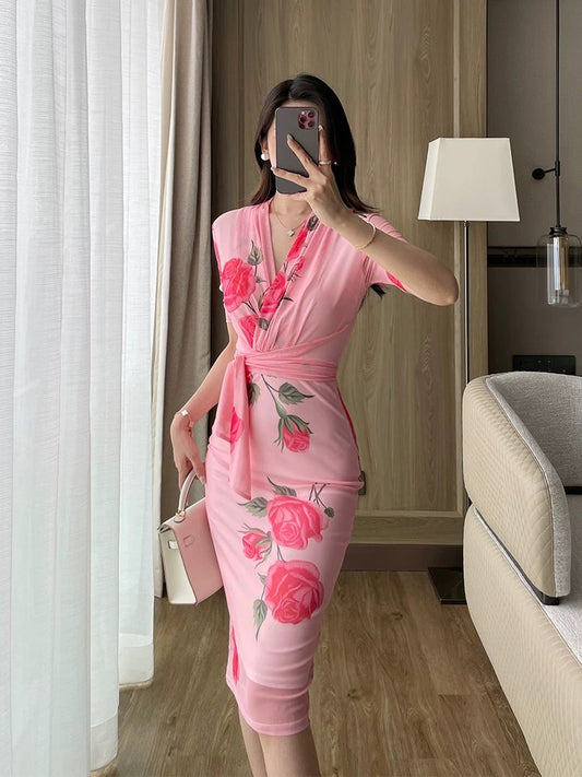 Rose print super nice dress summer temperament ice silk mesh V-neck short-sleeved strappy waist slim fit hip skirt