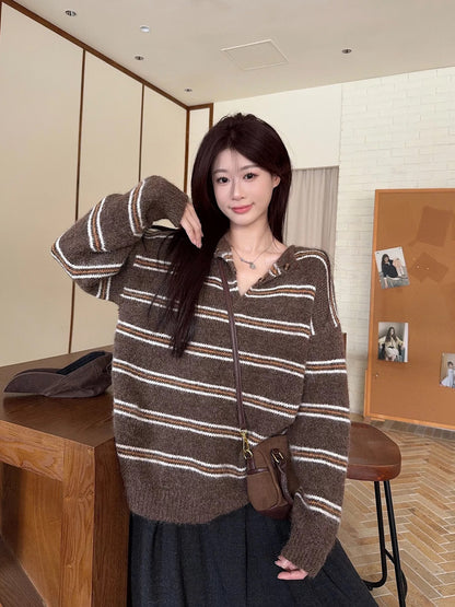 Kumikumi lazy style contrast color striped long-sleeved sweater women's autumn niche lapel loose knit sweater top