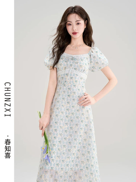 Spring Zhixi Tea Break French Puff Sleeve Floral Dress Women's New Summer Beautiful Dress Waist Slimming Long Dress