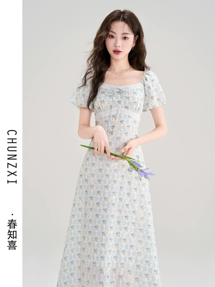 Spring Zhixi Tea Break French Puff Sleeve Floral Dress Women's New Summer Beautiful Dress Waist Slimming Long Dress
