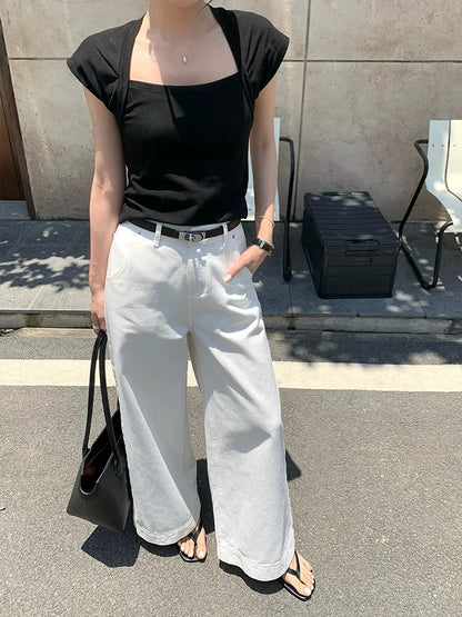 IAMJAM "Versatile Black Square Neck T-Shirt" 2026 Summer New Casual Slimming Short Knit Top