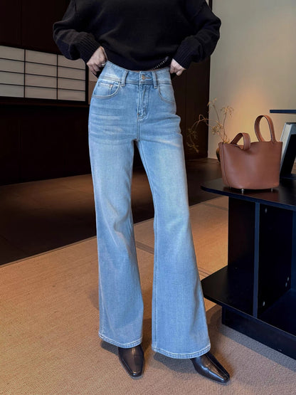 IAMJAM Light Blue High-Waisted Flared Pants for Women, New Spring Style, Slimming and Stylish, Versatile Jeans