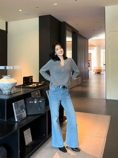 IAMJAM Light Blue High-Waisted Flared Pants for Women, New Spring Style, Slimming and Stylish, Versatile Jeans