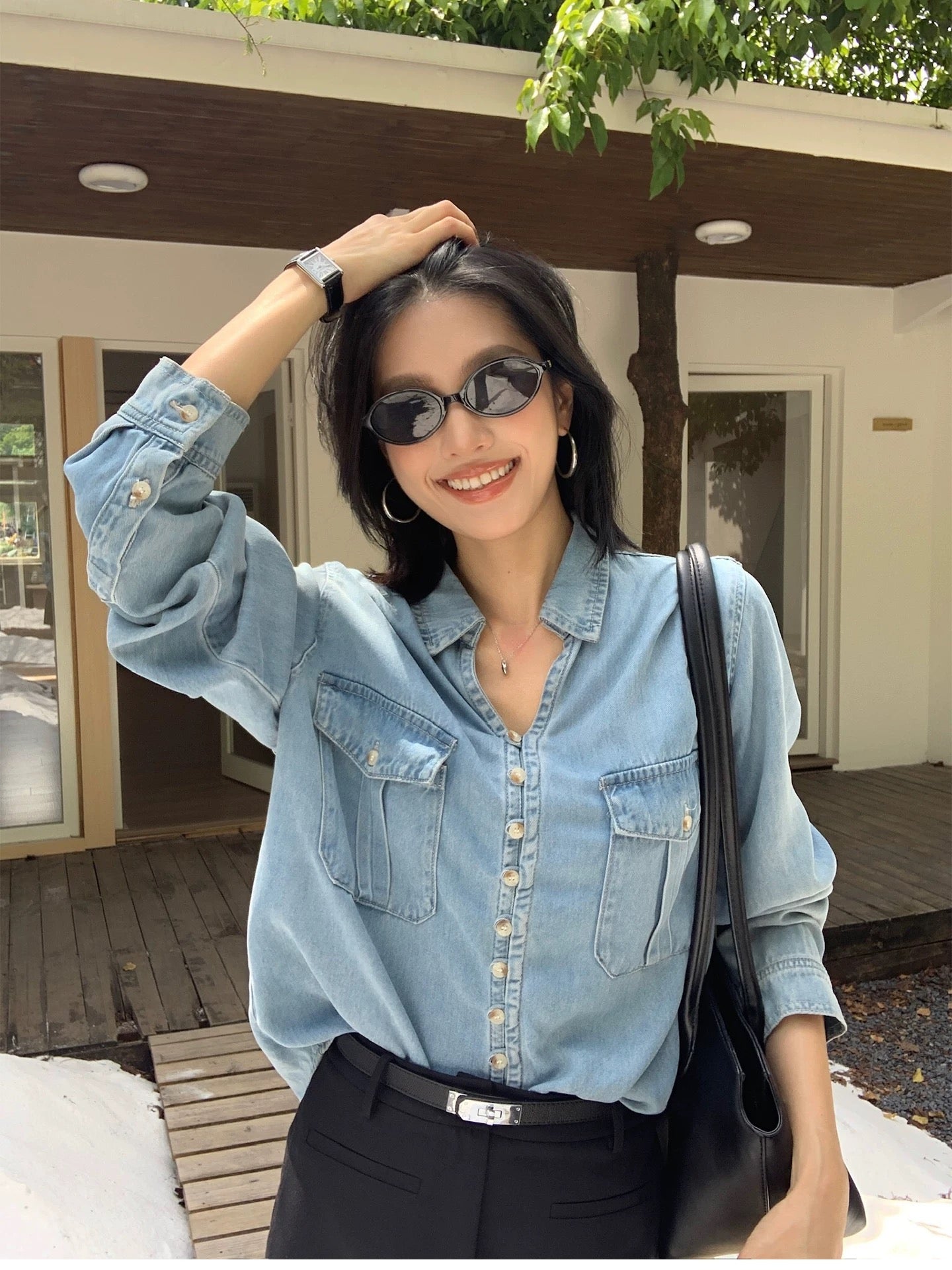 IAMJAM "Designer Long-Sleeve Denim Shirt" - Retro Tencel Loose Fit Versatile Slimming Top for Women, Spring and Autumn