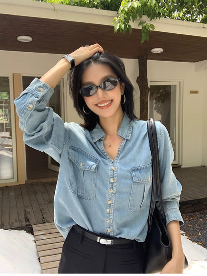 IAMJAM "Designer Long-Sleeve Denim Shirt" - Retro Tencel Loose Fit Versatile Slimming Top for Women, Spring and Autumn