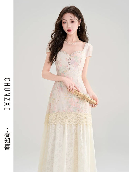Spring Zhixi tea break French floral patchwork dress female summer new style super beautiful unique beautiful skirt long skirt