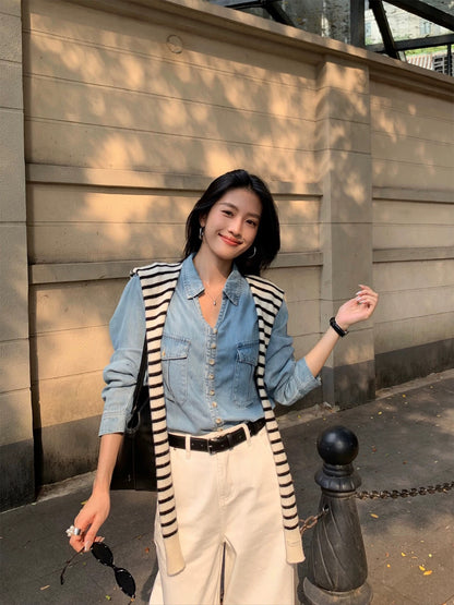 IAMJAM "Designer Long-Sleeve Denim Shirt" - Retro Tencel Loose Fit Versatile Slimming Top for Women, Spring and Autumn