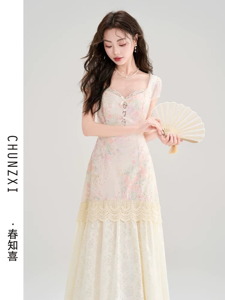 Spring Zhixi tea break French floral patchwork dress female summer new style super beautiful unique beautiful skirt long skirt