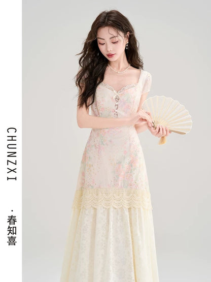 Spring Zhixi tea break French floral patchwork dress female summer new style super beautiful unique beautiful skirt long skirt