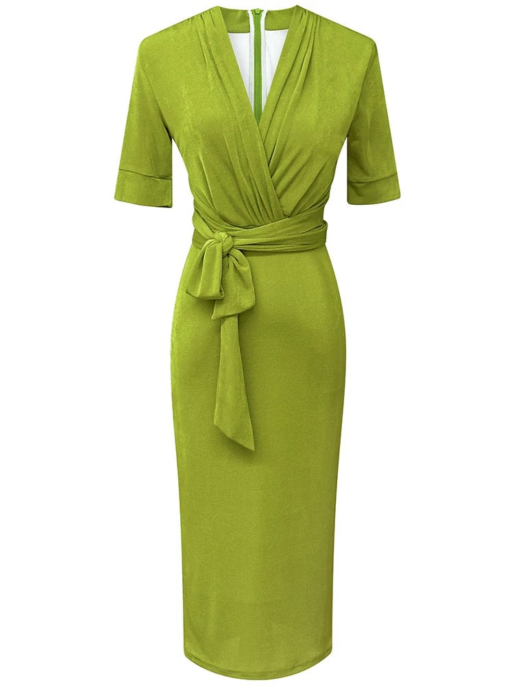 Green glitter ice silk stretch dress summer new fashion high-end solid color V-neck short-sleeved slim hip skirt
