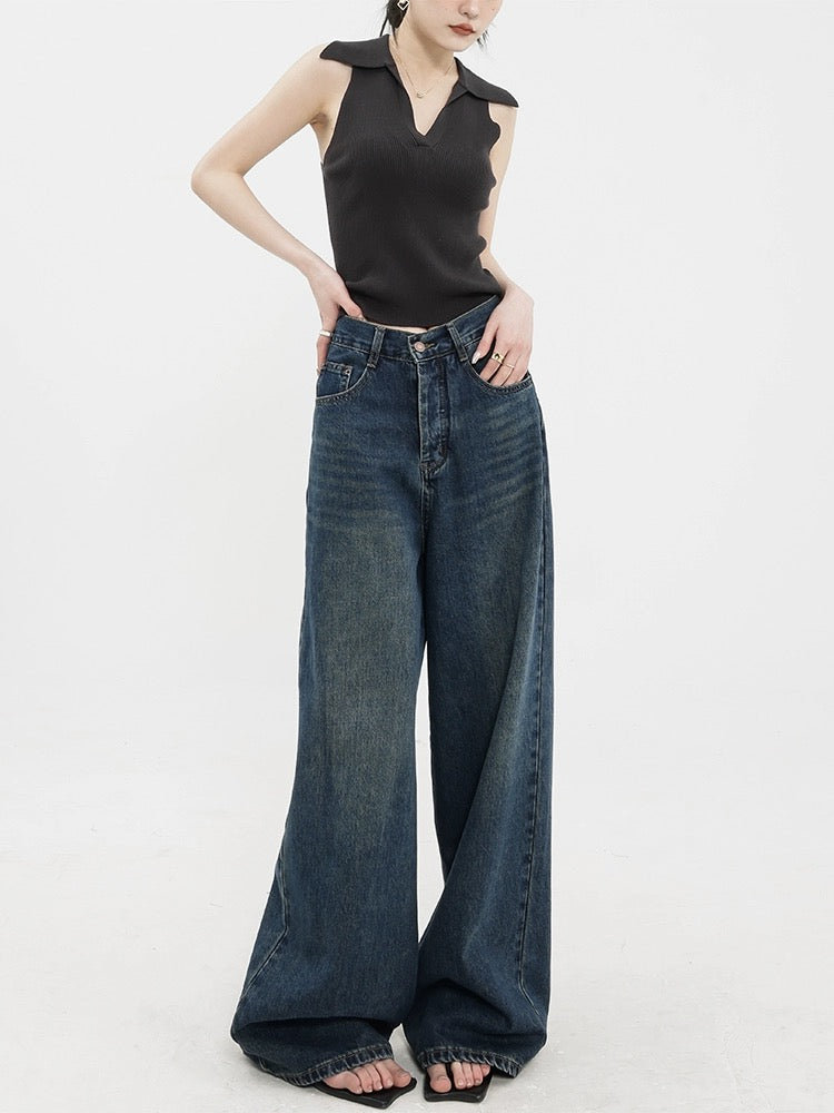 ABWEAR Early Spring American Retro Dark Wide Leg Straight Jeans Women's 2024 New Loose Floor-Mopping Pants