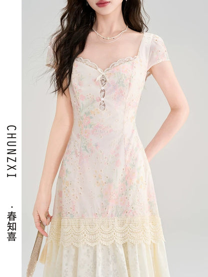 Spring Zhixi tea break French floral patchwork dress female summer new style super beautiful unique beautiful skirt long skirt