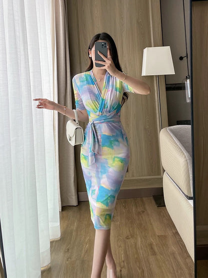 Pink butterfly print dress for women summer new style gentle style mesh V-neck short-sleeved slim hip-hugging one-step skirt