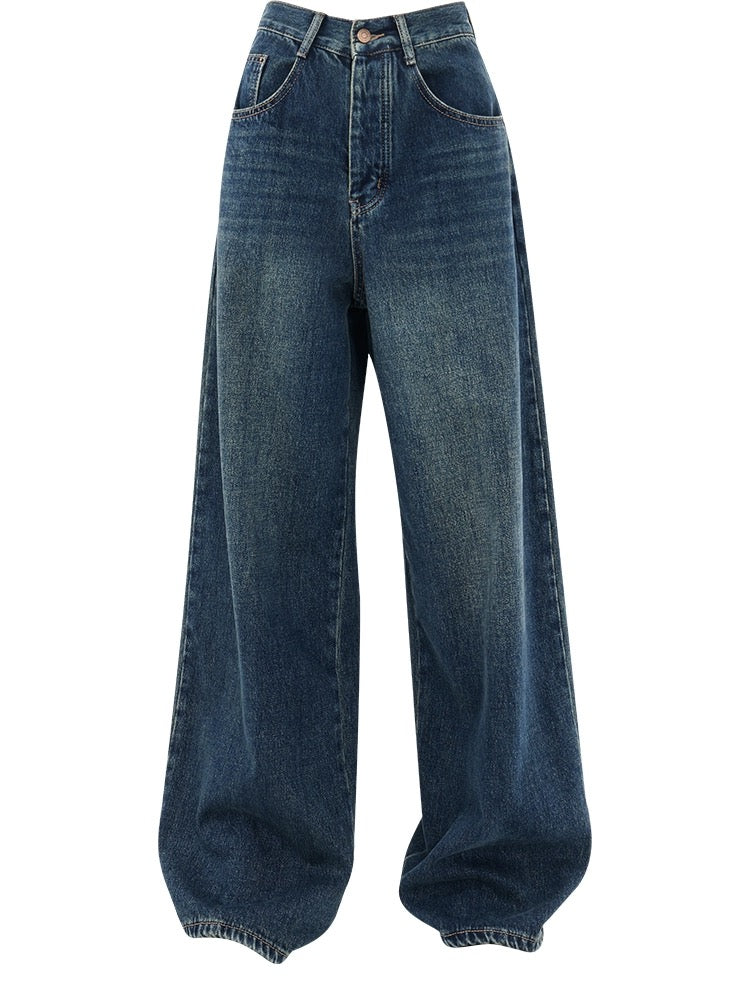 ABWEAR Early Spring American Retro Dark Wide Leg Straight Jeans Women's 2024 New Loose Floor-Mopping Pants