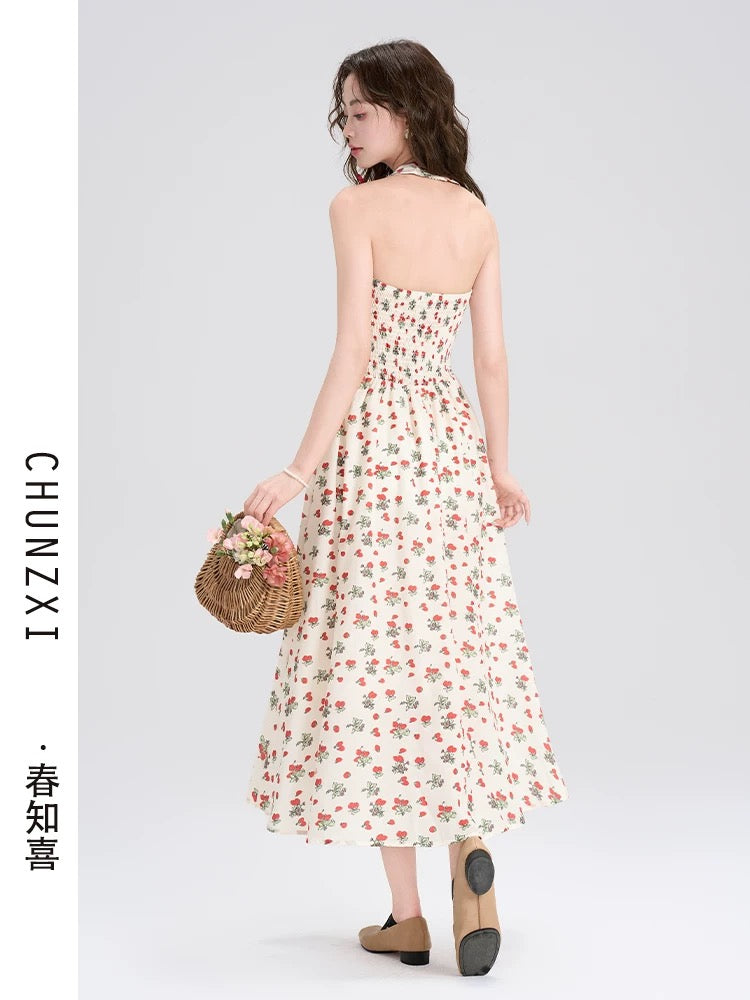 Chun Zhixi seaside holiday style halter neck backless floral dress female summer new waist slimming A-line long skirt