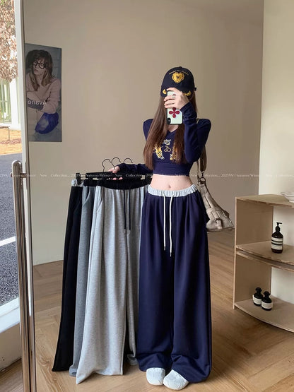 Kumikumi lazy style waistband drawstring drape casual pants women's autumn versatile loose wide-leg pants trousers