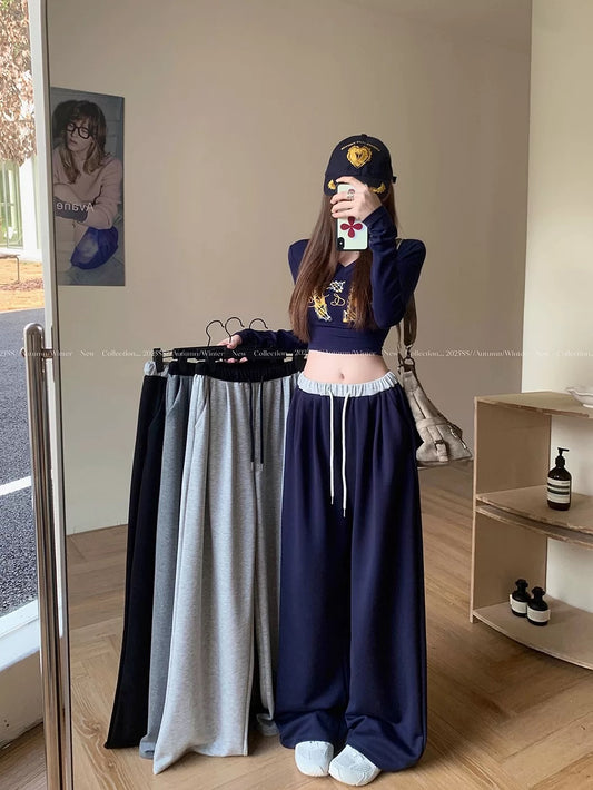 Kumikumi lazy style waistband drawstring drape casual pants women's autumn versatile loose wide-leg pants trousers