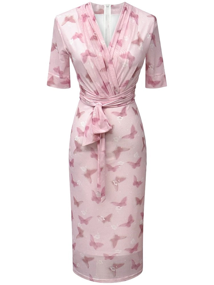 Pink butterfly print dress for women summer new style gentle style mesh V-neck short-sleeved slim hip-hugging one-step skirt