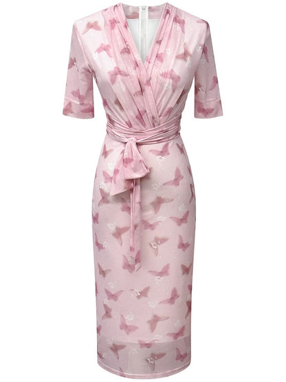 Pink butterfly print dress for women summer new style gentle style mesh V-neck short-sleeved slim hip-hugging one-step skirt