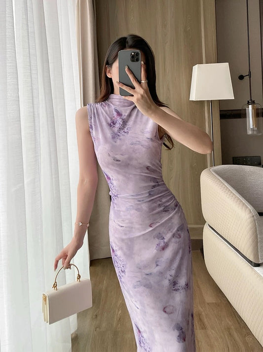 New Chinese style stand collar sleeveless printed dress for women summer young style butterfly elastic mesh slim slim long skirt