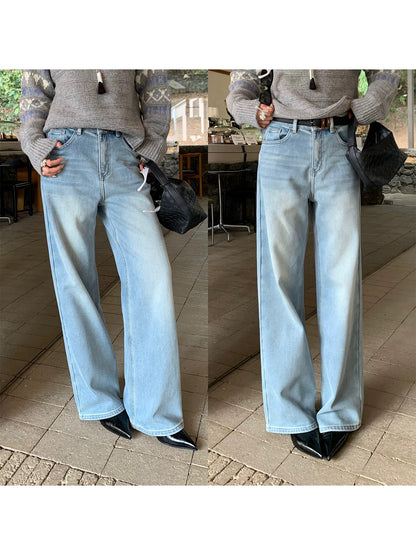 IAMJAM "Light Fog Wide-Leg Jeans" Women's Autumn/Winter Versatile Loose Fit Slimming High-Waisted Fleece Lined Warm Straight Leg Pants