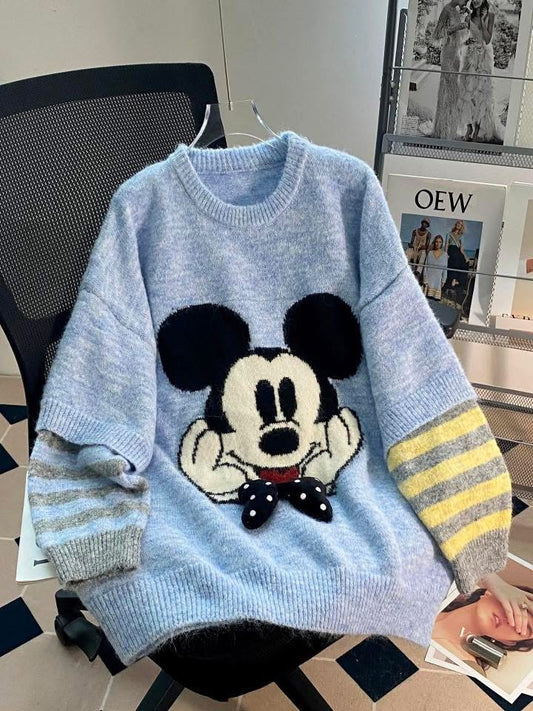 Lazy high-end cartoon pullover sweater for women autumn and winter outer wear loose design niche fake two-piece knitted top