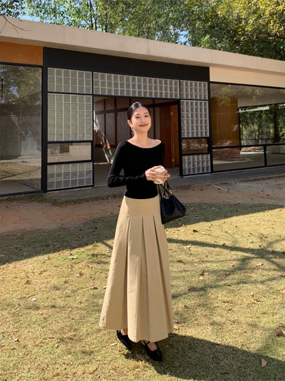IAMJAM "Evening Breeze Khaki Midi Skirt" - Early Spring Elegant High-Waisted Pleated Skirt, Slimming Long Skirt for Women