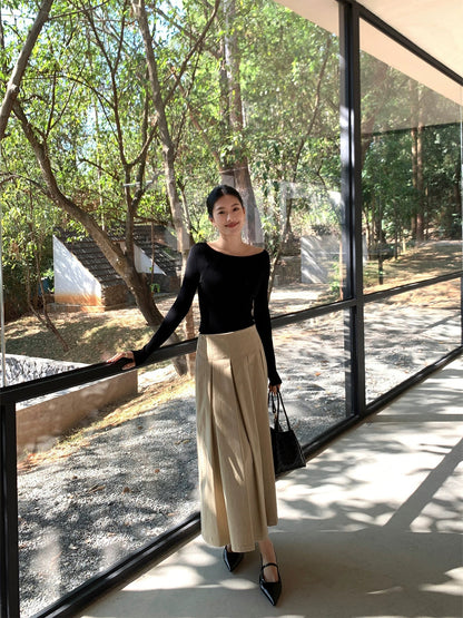 IAMJAM "Evening Breeze Khaki Midi Skirt" - Early Spring Elegant High-Waisted Pleated Skirt, Slimming Long Skirt for Women