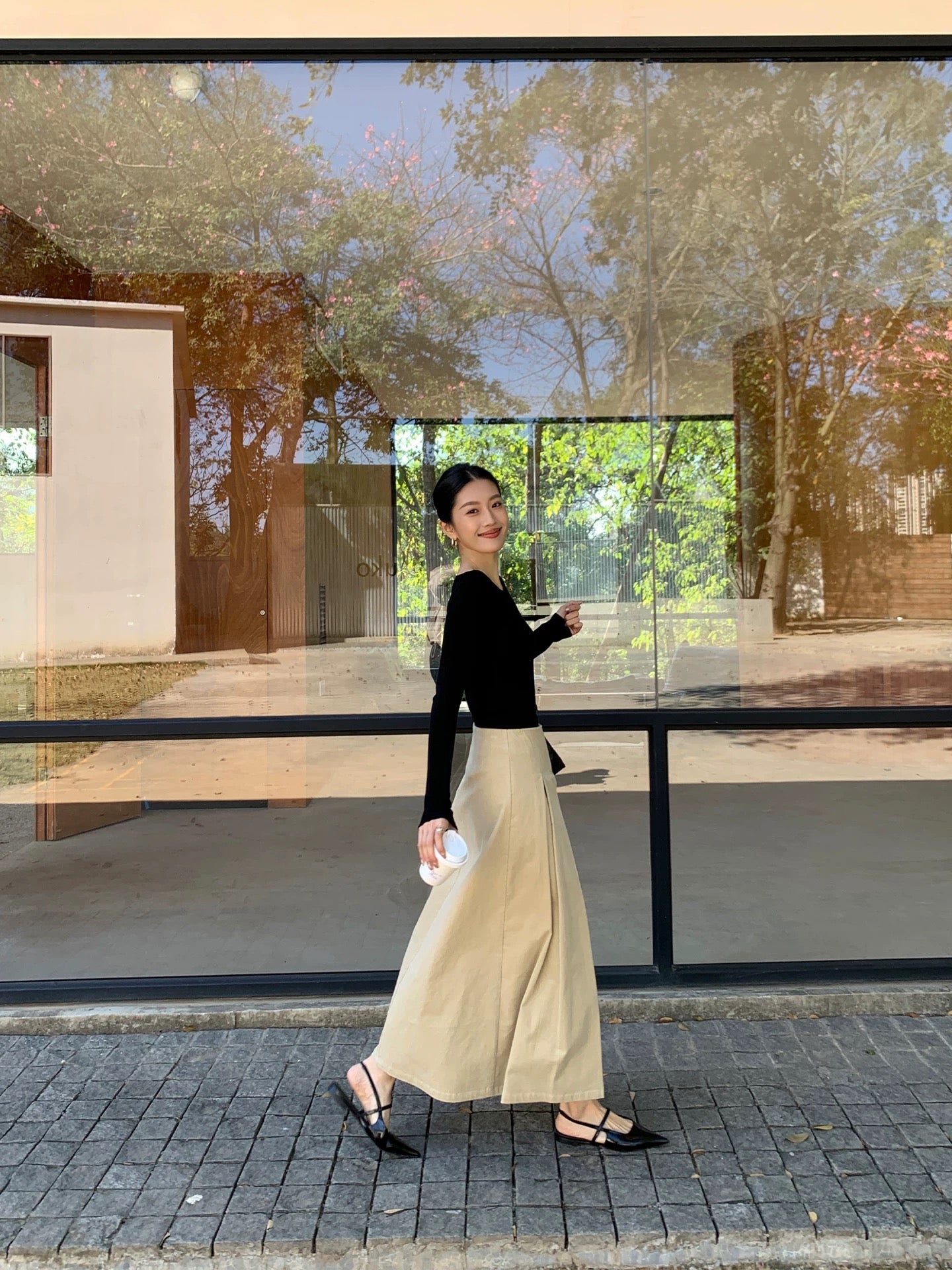 IAMJAM "Evening Breeze Khaki Midi Skirt" - Early Spring Elegant High-Waisted Pleated Skirt, Slimming Long Skirt for Women
